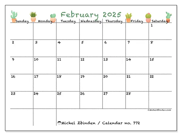 Free printable calendar no. 772 for February 2025. Week: Sunday to Saturday.