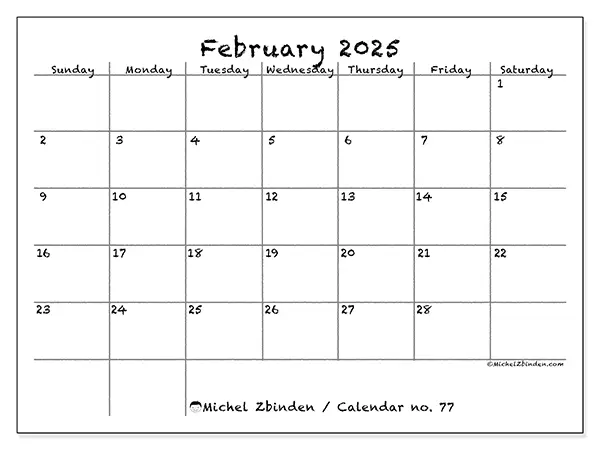 Free printable calendar no. 77 for February 2025. Week: Sunday to Saturday.