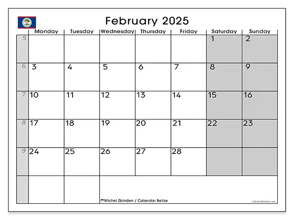 Free printable calendar Belize, February 2025. Week:  Monday to Sunday