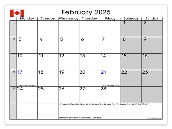 Free printable calendar Canada for February 2025. Week: Monday to Sunday.