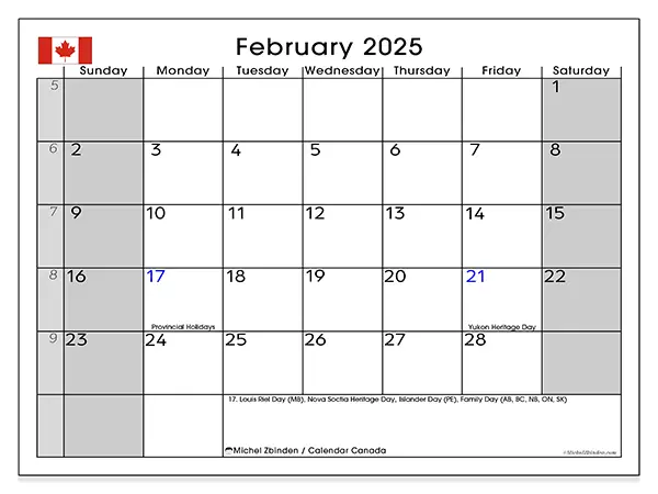 Free printable calendar Canada for February 2025. Week: Sunday to Saturday.