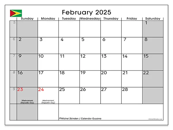 Free printable calendar Guyana for February 2025. Week: Sunday to Saturday.