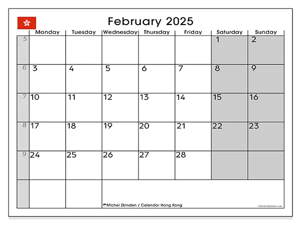 Free printable calendar Hong Kong for February 2025. Week: Monday to Sunday.