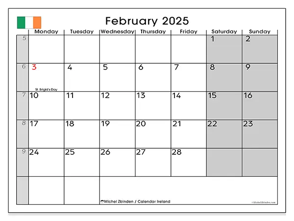 Free printable calendar Ireland, February 2025. Week:  Monday to Sunday