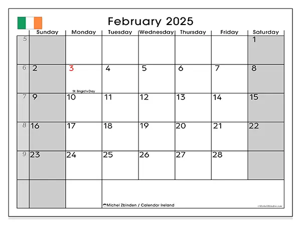 Free printable calendar Ireland for February 2025. Week: Sunday to Saturday.