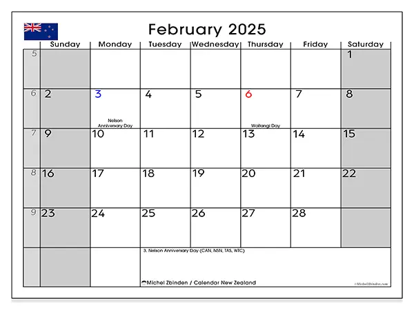 Free printable calendar New Zealand for February 2025. Week: Sunday to Saturday.