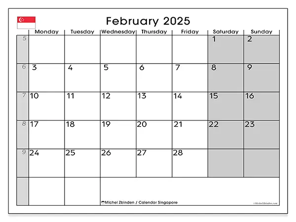 Free printable calendar Singapore, February 2025. Week:  Monday to Sunday