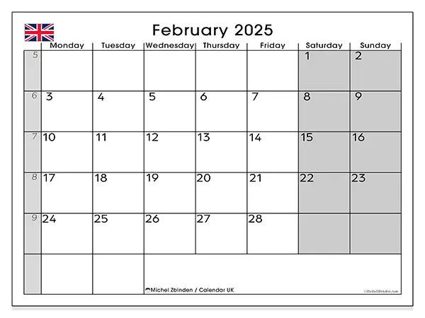 Free printable calendar UK for February 2025. Week: Monday to Sunday.