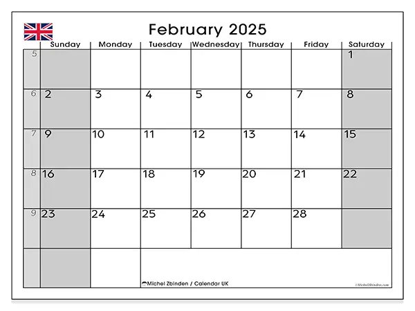 Free printable calendar UK for February 2025. Week: Sunday to Saturday.
