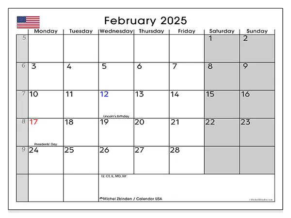 Free printable calendar USA, February 2025. Week:  Monday to Sunday