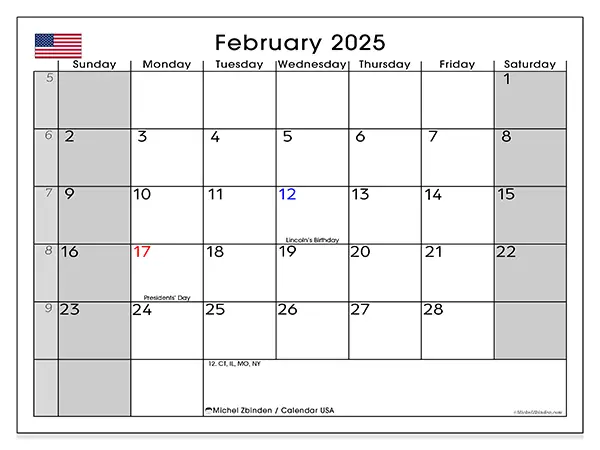 Free printable calendar USA for February 2025. Week: Sunday to Saturday.