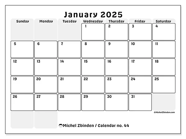 Free printable calendar no. 44 for January 2025. Week: Sunday to Saturday.