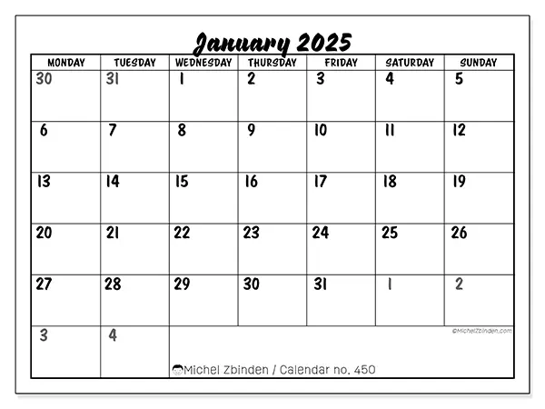 Printable calendar no. 450, January 2025