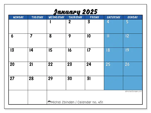 Printable calendar no. 451, January 2025