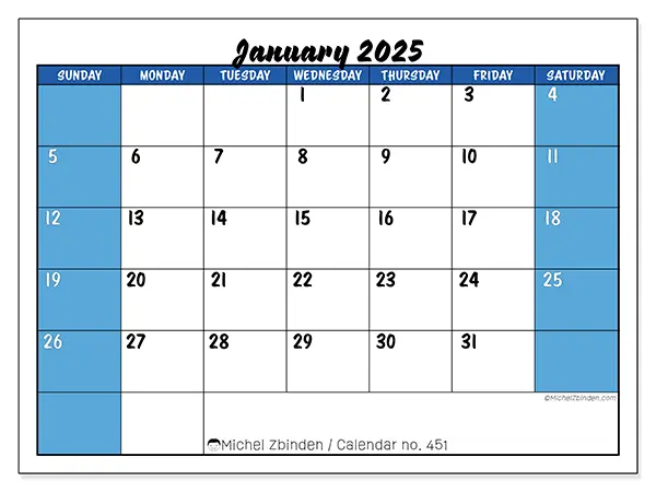 Free printable calendar n° 451 for January 2025. Week: Sunday to Saturday.