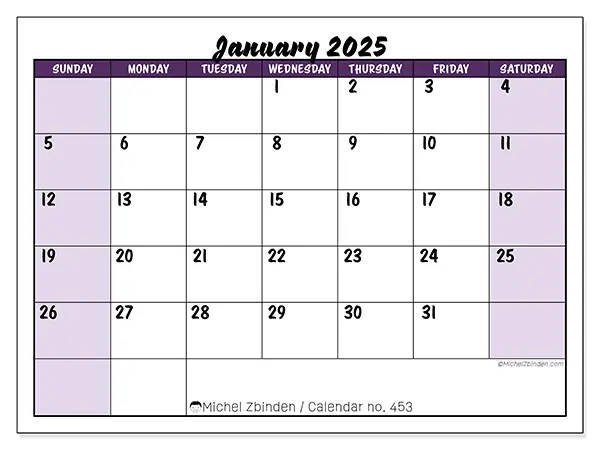 Free printable calendar n° 453 for January 2025. Week: Sunday to Saturday.