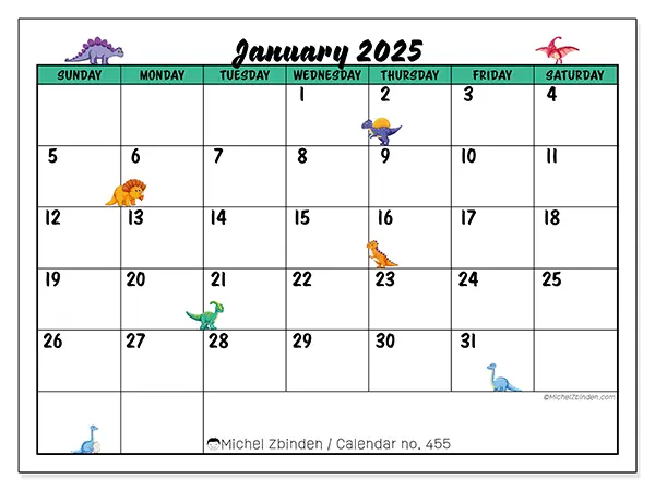 Free printable calendar n° 455 for January 2025. Week: Sunday to Saturday.