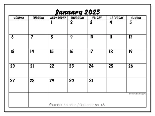 Free printable calendar no. 45 for January 2025. Week: Monday to Sunday.