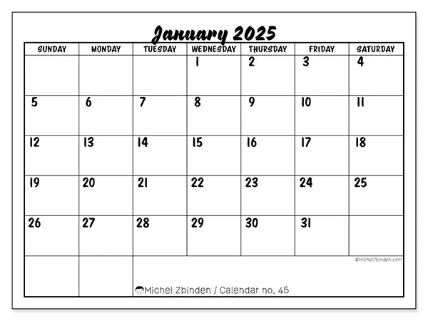 Free printable calendar no. 45 for January 2025. Week: Sunday to Saturday.