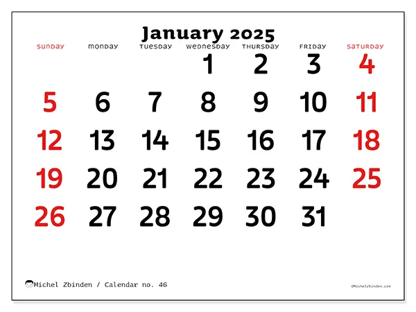 Free printable calendar no. 46 for January 2025. Week: Sunday to Saturday.