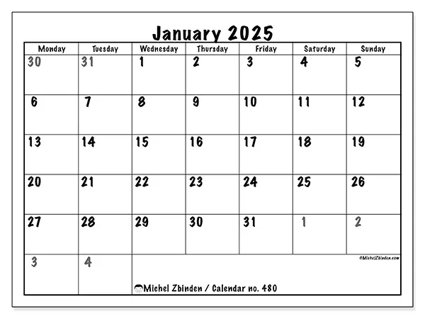 Free printable calendar no. 480 for January 2025. Week: Monday to Sunday.