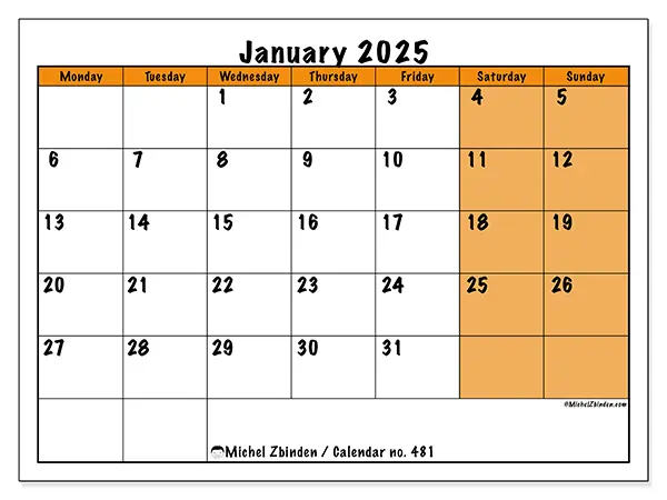 Printable calendar no. 481, January 2025