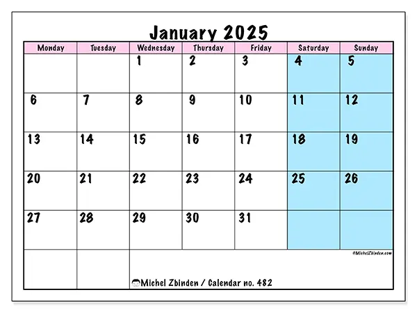Printable calendar no. 482, January 2025