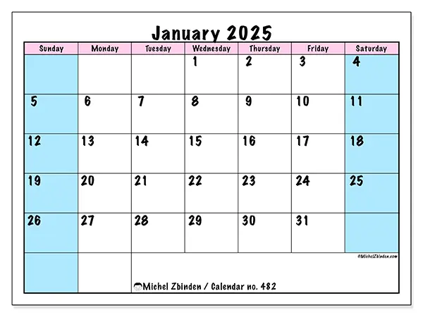 Free printable calendar no. 482, January 2025. Week:  Sunday to Saturday