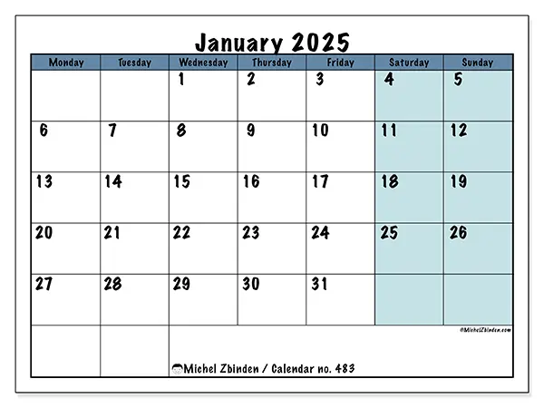 Free printable calendar no. 483 for January 2025. Week: Monday to Sunday.