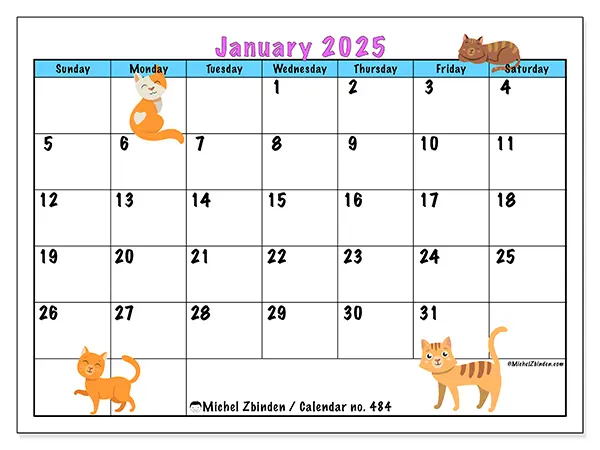 Free printable calendar no. 484, January 2025. Week:  Sunday to Saturday