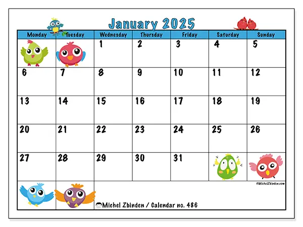 Free printable calendar no. 486 for January 2025. Week: Monday to Sunday.