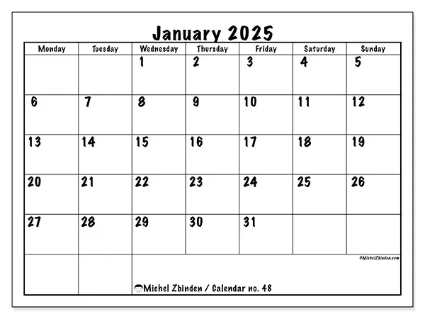 Free printable calendar no. 48 for January 2025. Week: Monday to Sunday.