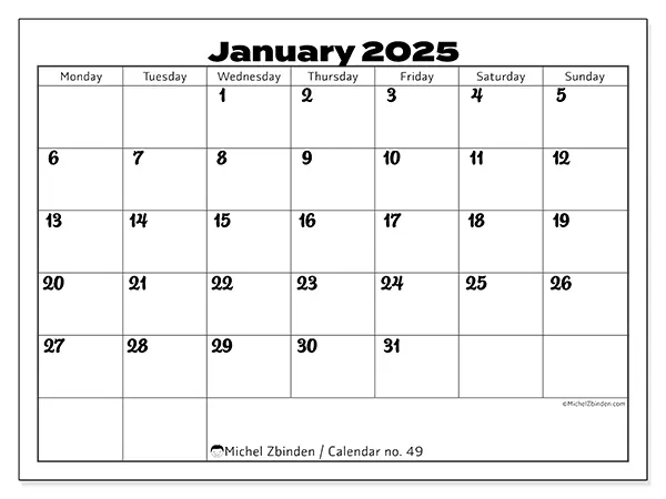 Free printable calendar no. 49 for January 2025. Week: Monday to Sunday.