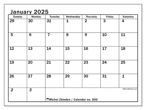 Free printable calendar no. 500 for January 2025. Week: Sunday to Saturday.