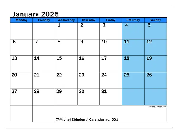 Printable calendar no. 501, January 2025