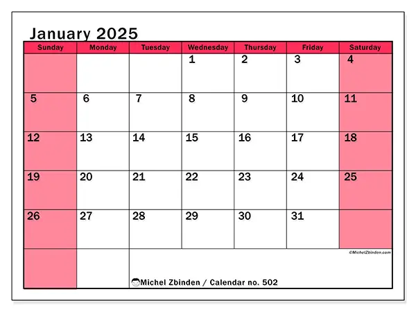 Free printable calendar no. 502 for January 2025. Week: Sunday to Saturday.