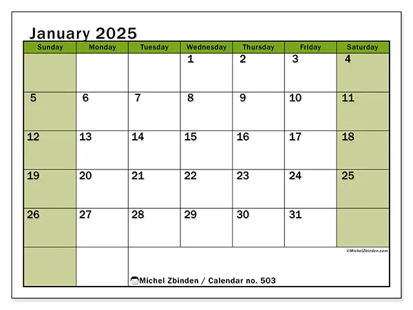 Free printable calendar no. 503 for January 2025. Week: Sunday to Saturday.