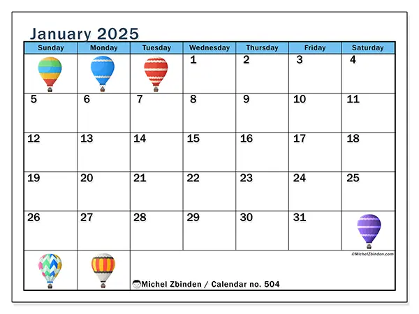 Free printable calendar no. 504, January 2025. Week:  Sunday to Saturday