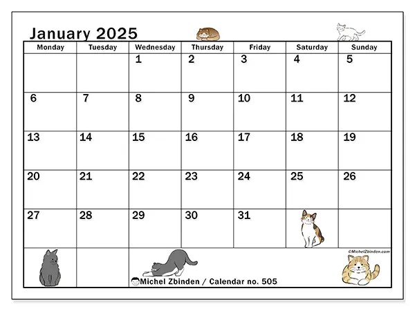 Free printable calendar no. 505 for January 2025. Week: Monday to Sunday.