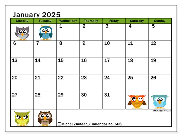Free printable calendar no. 506 for January 2025. Week: Monday to Sunday.