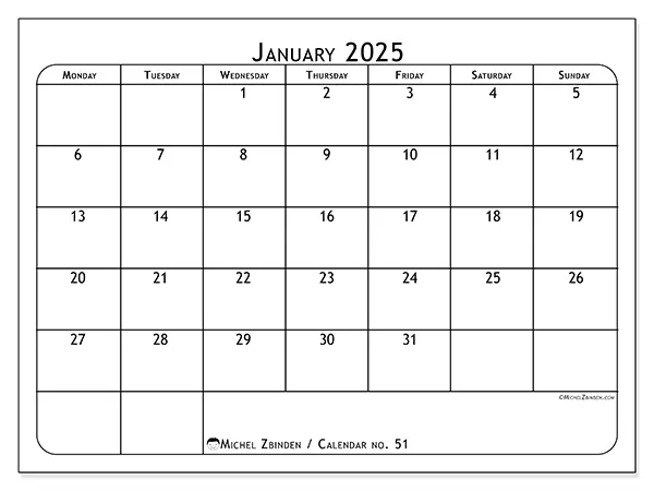 Printable calendar no. 51, January 2025