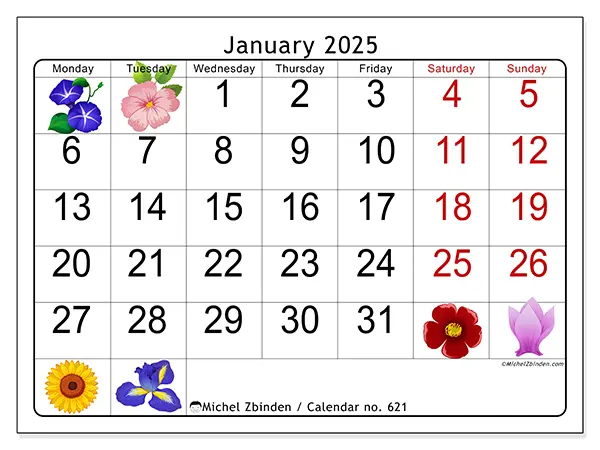 Printable calendar no. 621, January 2025