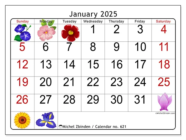 Free printable calendar no. 621 for January 2025. Week: Sunday to Saturday.