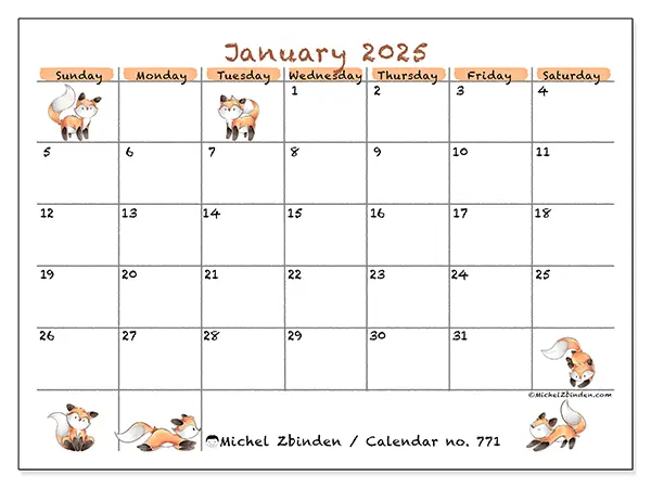 Free printable calendar no. 771, January 2025. Week:  Sunday to Saturday