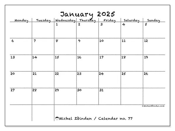 Free printable calendar no. 77 for January 2025. Week: Monday to Sunday.