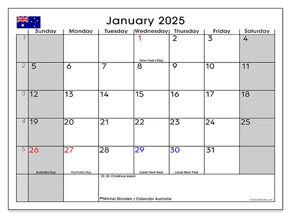 Free printable calendar Australia, January 2025. Week:  Sunday to Saturday