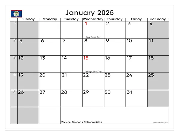 Free printable calendar Belize, January 2025. Week:  Sunday to Saturday