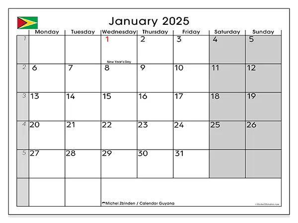 Printable calendar Guyana, January 2025