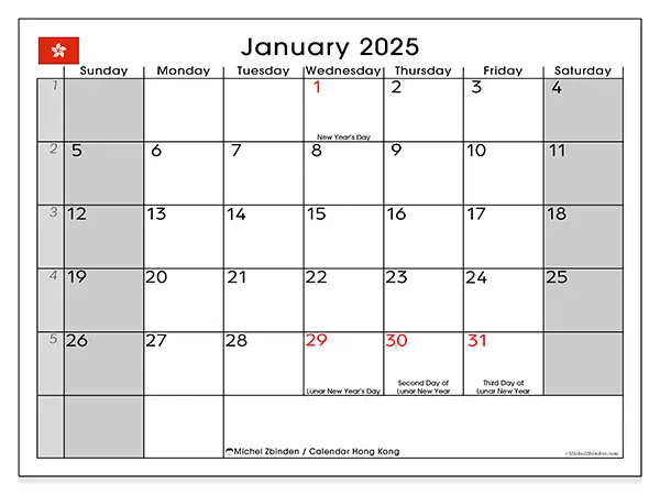 Free printable calendar Hong Kong for January 2025. Week: Sunday to Saturday.