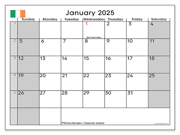Free printable calendar Ireland, January 2025. Week:  Sunday to Saturday